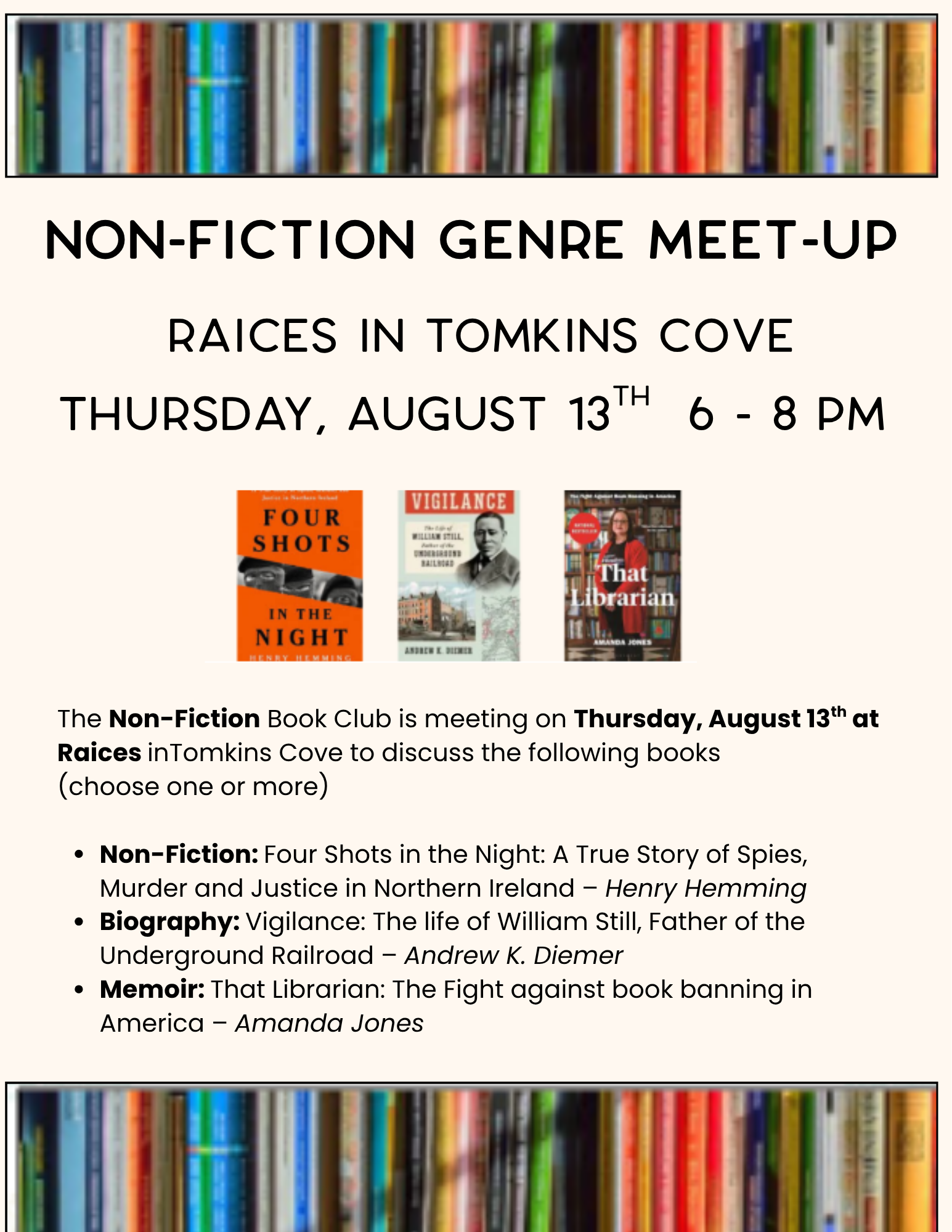 Genre Book club
Tue., 8/13 at Raices in Tomkins Cove at 6pm.