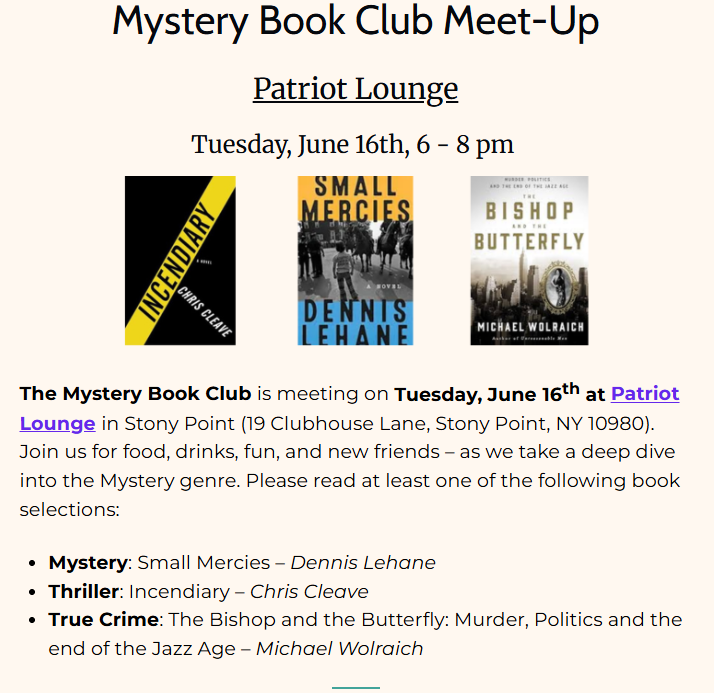 Mystery Book Club Meet-Up
Patriot Lounge
Tue., June 16th at 6pm