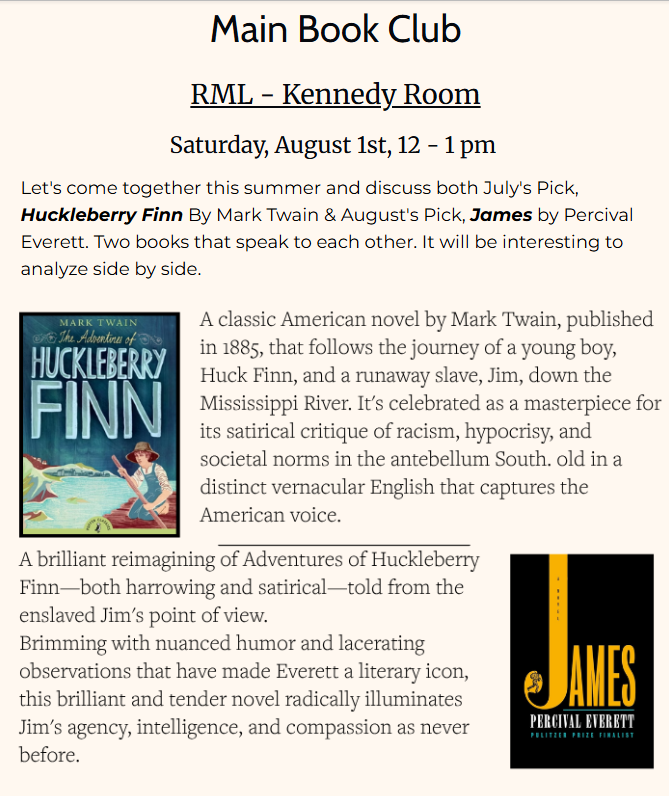 Main Book club
Sat., august 1st at noon.