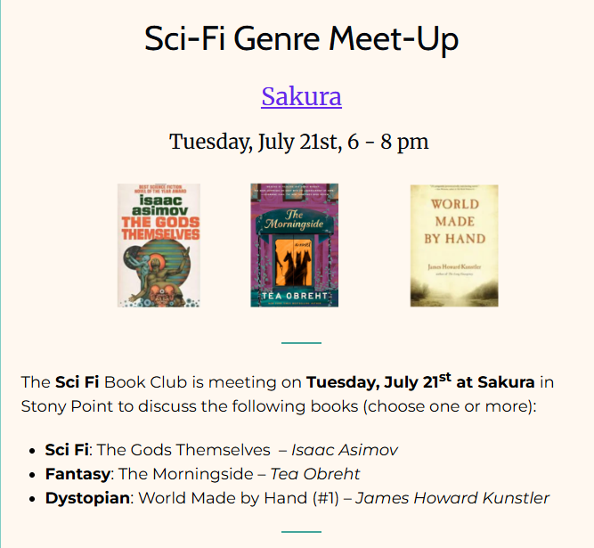 Sci Fi Meet Up
Tue., July 21st 6pm at Sakura
