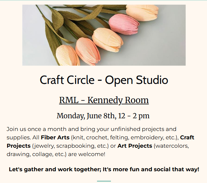 craft circle
Monday, June 8th at noon