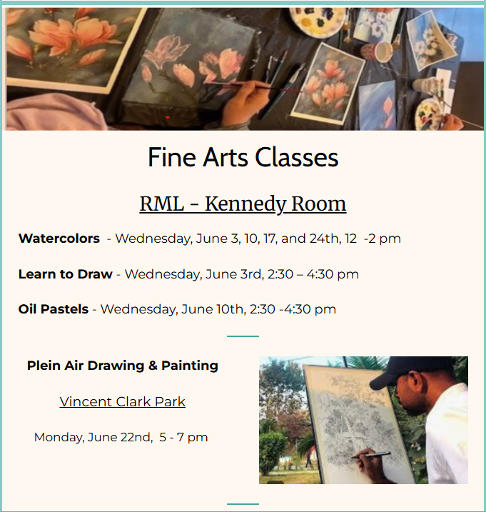 Fine Arts Classes
Wtercoloros on Wednesday
Plein Air Drawing on Monday, June 22nd at 5pm Vincent Clark Park