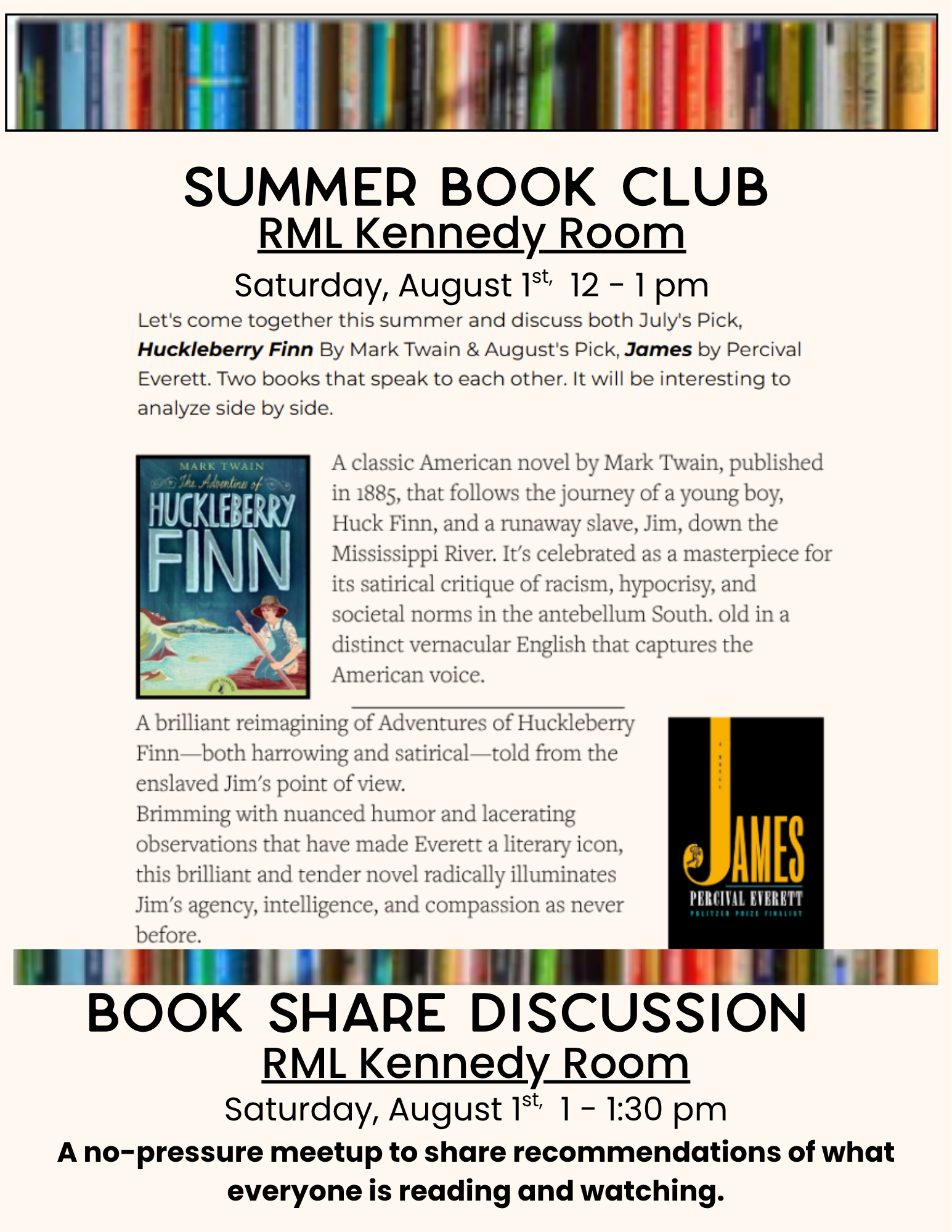 Summer Book Club
Sat., 8/1 at noon in the Kennedy Room
Followed by Book Share at 1:30pm.