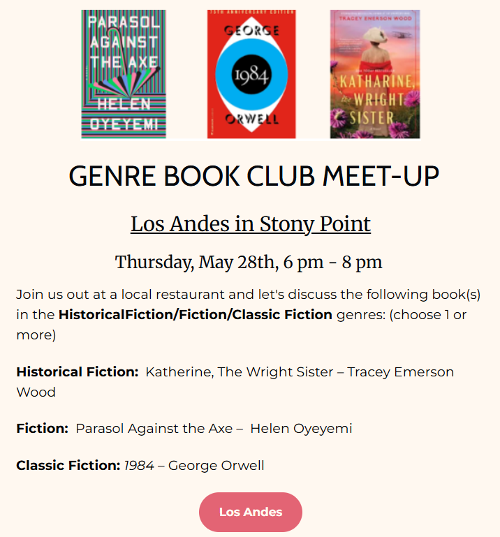 Genre Book club Meet-Up
Los Andes May 28th at 6pm