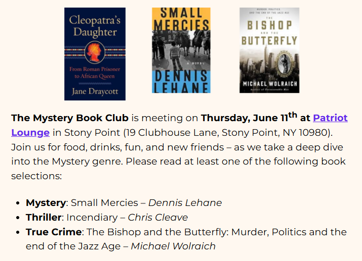 Genre Book Club Meet-up for June 11th at Patriot Lounge 