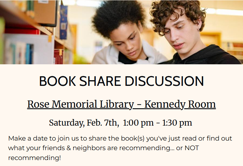 Book Share
Sat. Feb 7th at 1pm in the Kennedy Room at RML

