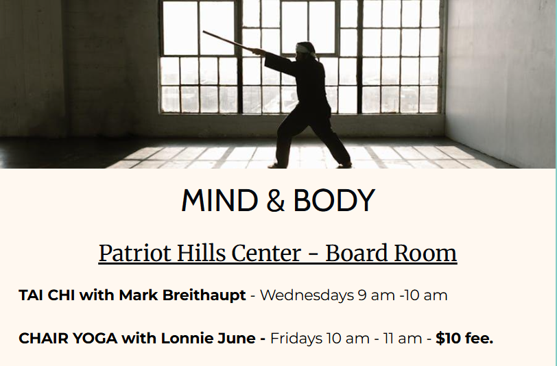 Mind and Body at Patriot Hills Board Room. check the Calendar