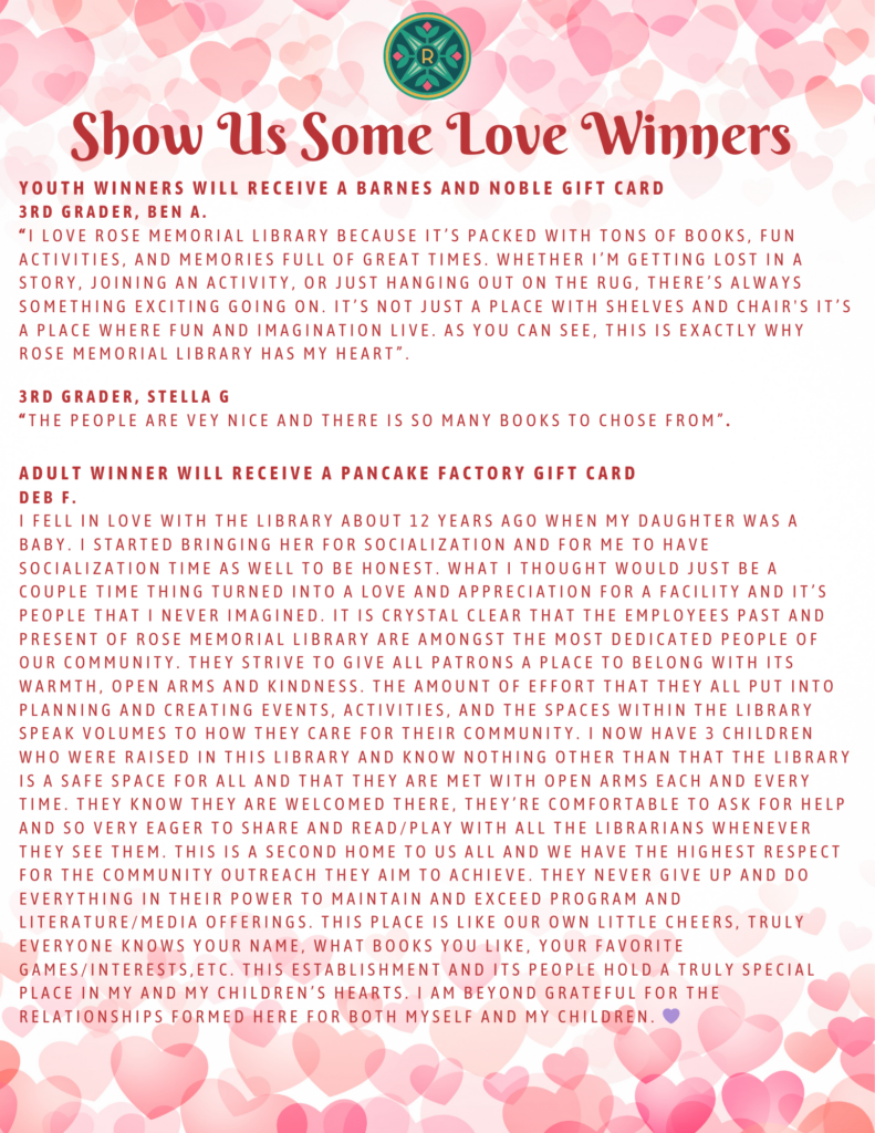 Show us some love! Winners
3rd graders Ben A. and Stella G.
Adult winner, Deb F.